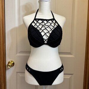 Black Fishnet Macrame Crisscross Halter Padded Push Up Bikini Top and Bottom Set